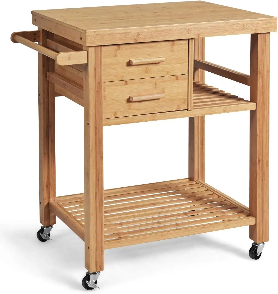 Bamboo Kitchen Island Cart on Wheels with 2 Drawers, Towel Rack, Lockable Casters, Natural
Bamboo Kitchen Island Cart on Wheels with 2 Drawers, Towel Rack, Lockable Casters, Natural