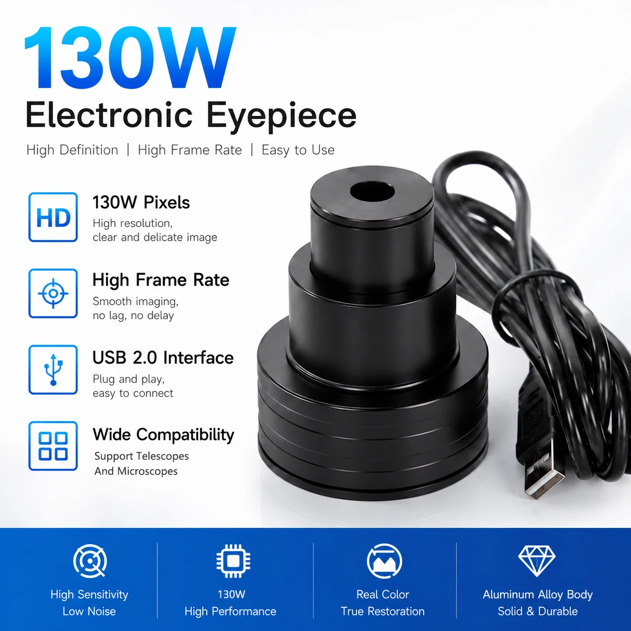 130W USB Electronic Eyepiece Camera HD Telescope Microscope Camera High Frame Rate Astronomical Imaging for PC Laptop
130W USB Electronic Eyepiece Camera HD Telescope Microscope Camera High Frame Rate Astronomical Imaging for PC Laptop