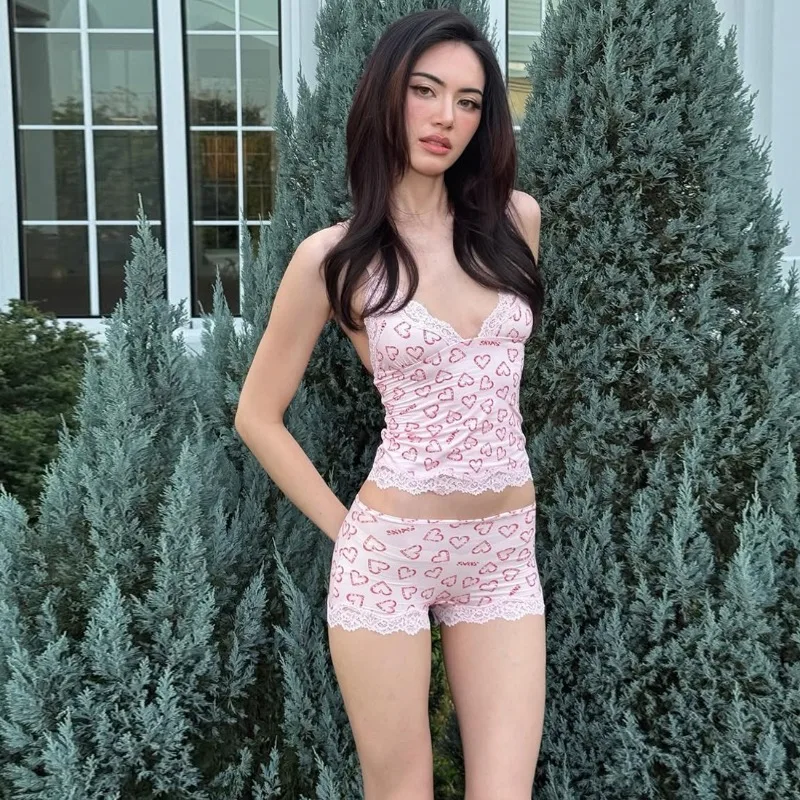 Love Hearts Print 2 Piece Set Woman Lace Patchwork Low-Neck Backless Crop Tops+Skinny Shorts Daily Home Pajamas Outfits
Love Hearts Print 2 Piece Set Woman Lace Patchwork Low-Neck Backless Crop Tops+Skinny Shorts Daily Home Pajamas Outfits
