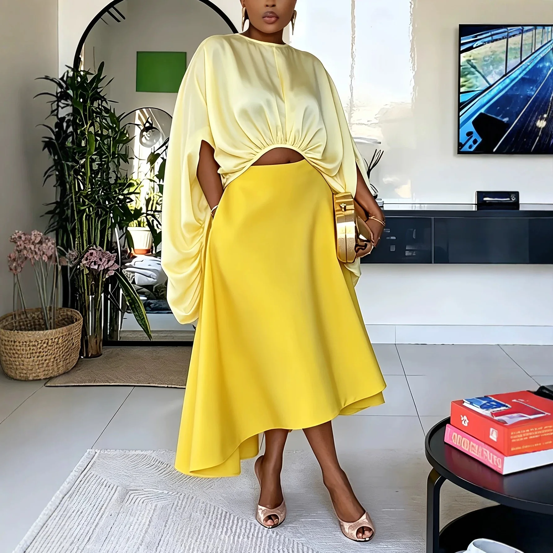 Women Satin Two Piece Outfit Set Batwing Sleeve Cutout Crop Top and Asymmetric Midi Skirt Pockets Elegant Matching Set
Women Satin Two Piece Outfit Set Batwing Sleeve Cutout Crop Top and Asymmetric Midi Skirt Pockets Elegant Matching Set