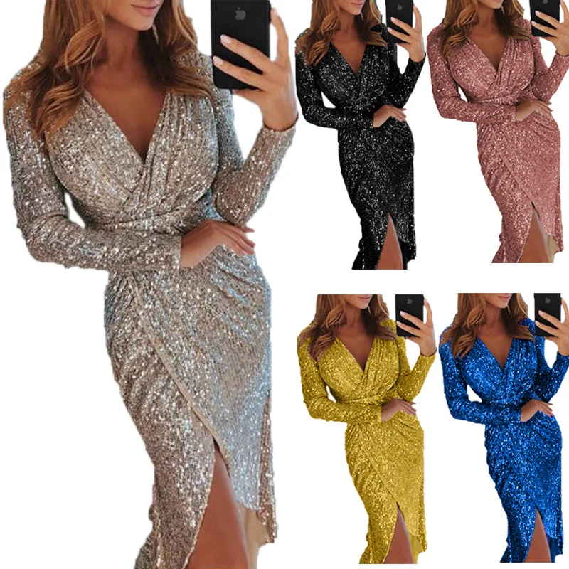 European and American New Women's Long-sleeved V-neck Shiny Dress Dress Dinner Sexy Dress
European and American New Women's Long-sleeved V-neck Shiny Dress Dress Dinner Sexy Dress