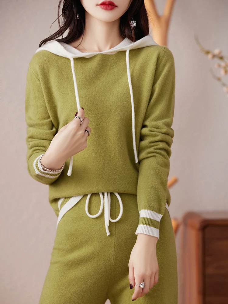 2023 Autumn Winter Cashmere Suit 100% Merino Wool Two Piece Women's Hooded Pullover Tops Casual Knit Color Contrast Sweatshirt
2023 Autumn Winter Cashmere Suit 100% Merino Wool Two Piece Women's Hooded Pullover Tops Casual Knit Color Contrast Sweatshirt