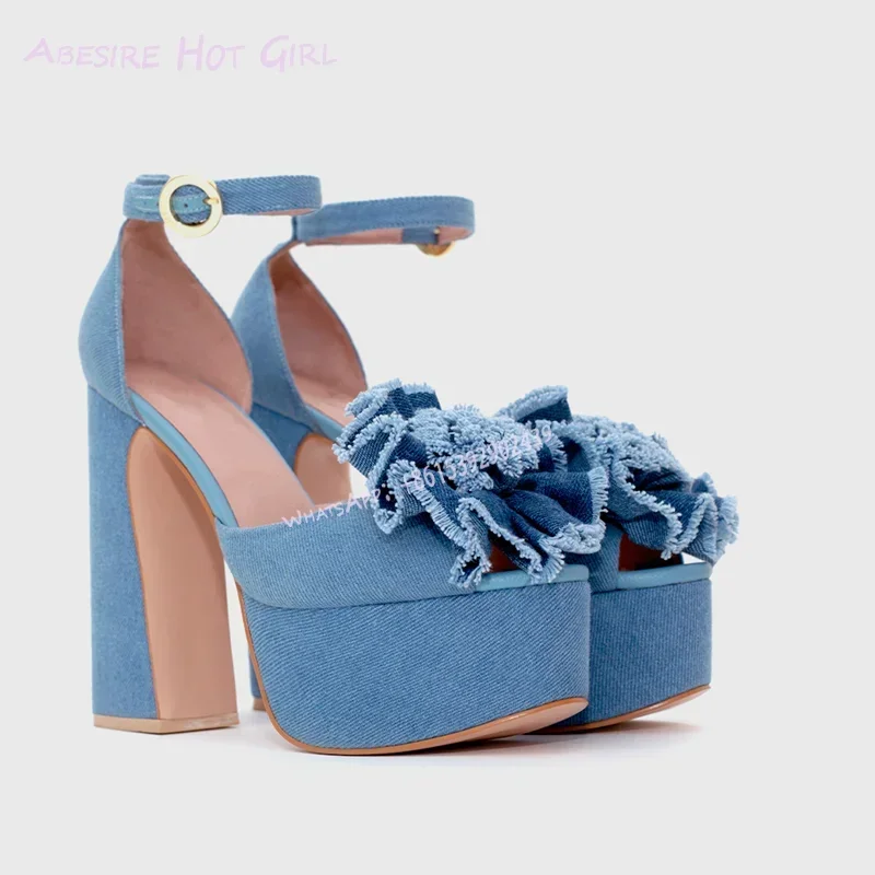 Denim Flower Blue Patchwork Peep Toe Heels Woman Platform Open Chunky Heels 3D Pleated Buckle Shallow Pump Spring Casual Sandal
Denim Flower Blue Patchwork Peep Toe Heels Woman Platform Open Chunky Heels 3D Pleated Buckle Shallow Pump Spring Casual Sandal