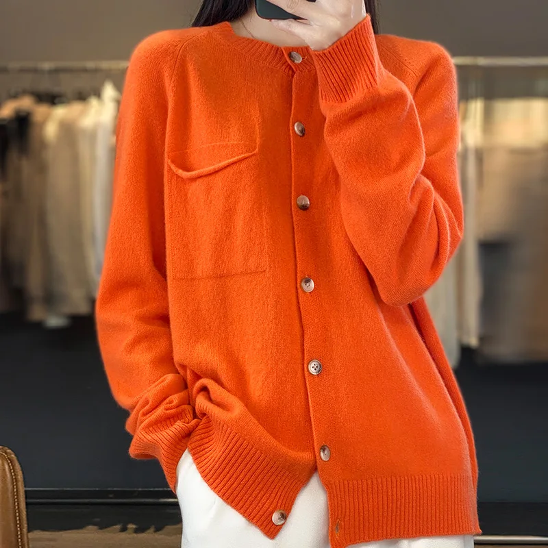 Women's Round Neck Cardigan Long Sleeved Solid Color Pocket Fashionable Loose 100% Merino Wool Pure Wool Knit Jacket sweater Top
Women's Round Neck Cardigan Long Sleeved Solid Color Pocket Fashionable Loose 100% Merino Wool Pure Wool Knit Jacket sweater Top