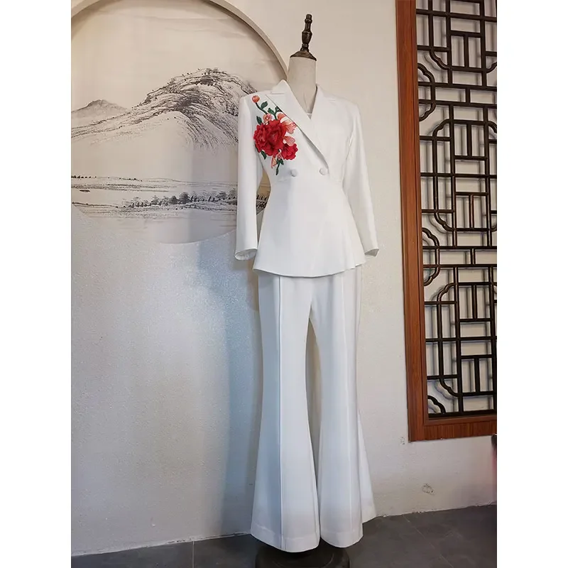 Professional Flare Pants Suits Uniform White Embroidered 2pieces Set Blazer Suits High End Luxury Office Lady Customized Clothes
Professional Flare Pants Suits Uniform White Embroidered 2pieces Set Blazer Suits High End Luxury Office Lady Customized Clothes