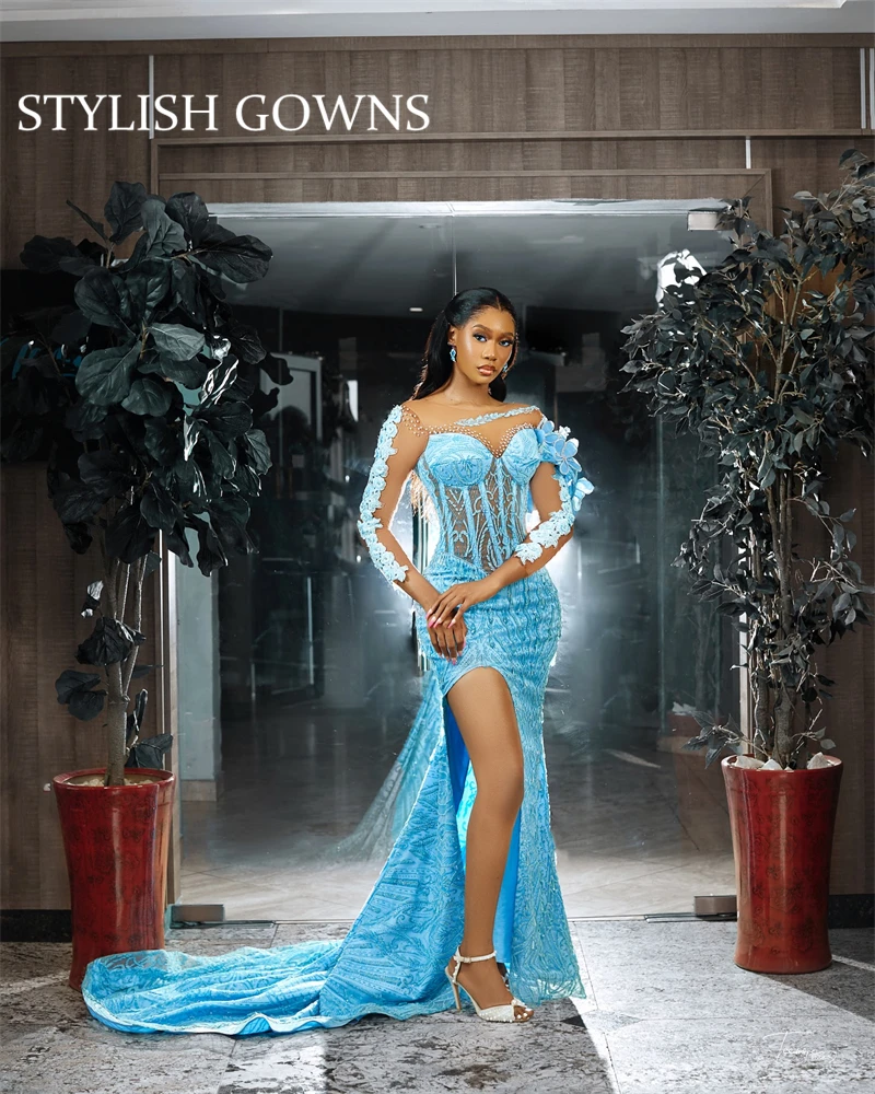 Blue African Evening Dresses With Side Slit Long Sleeves Wedding Party Dresses With Crystals 3D Flowers Prom Gown Customized
Blue African Evening Dresses With Side Slit Long Sleeves Wedding Party Dresses With Crystals 3D Flowers Prom Gown Customized
