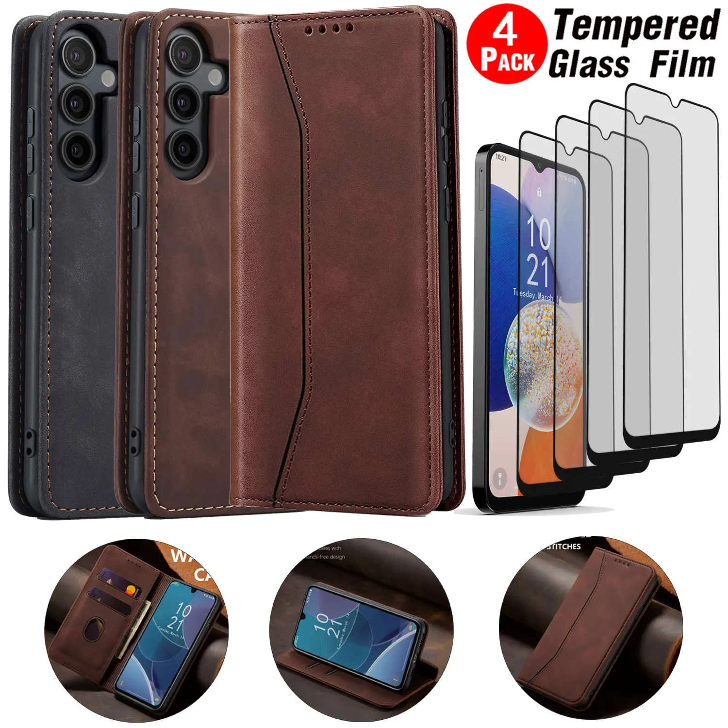 Для Samsung Galaxy A14 чехол-кошелек из искусственной кожи с откидной подставкой и держателем + 4 шт., прозрачное закаленное стекло, защитная пленка для экрана
Для Samsung Galaxy A14 чехол-кошелек из искусственной кожи с откидной подставкой и держателем + 4 шт., прозрачное закаленное стекло, защитная пленка для экрана