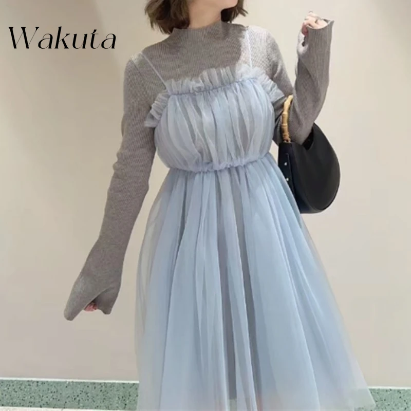 WAKUTA Ранняя весна, темперамент, круглый вырез, расклешенные рукава, вязаные платья, Harajuku, сетчатый комплект в стиле ретро с лямкой на шее, комплект из двух предметов, женская одежда
WAKUTA Ранняя весна, темперамент, круглый вырез, расклешенные рукава, вязаные платья, Harajuku, сетчатый комплект в стиле ретро с лямкой на шее, комплект из двух предметов, женская одежда