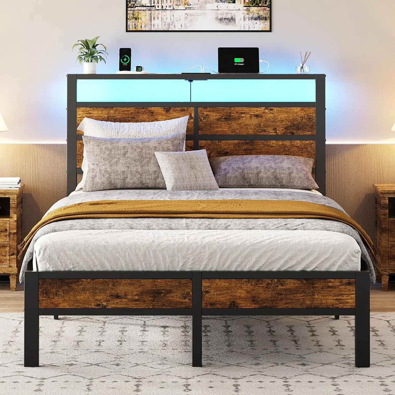 Metal Bed Frame USB Charging LED Headboard Storage Noise-Free No Box Spring, Customized
Metal Bed Frame USB Charging LED Headboard Storage Noise-Free No Box Spring, Customized