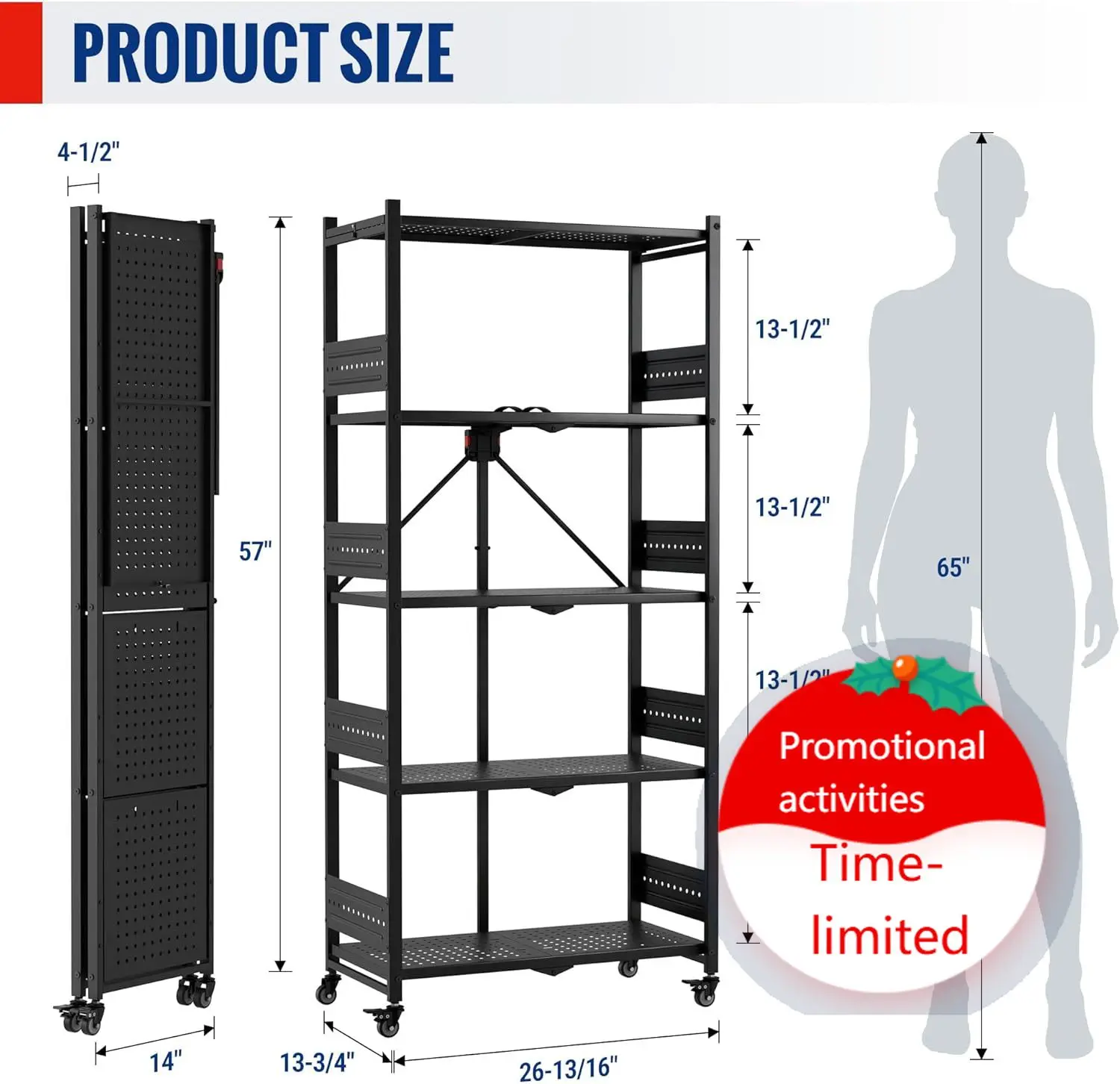 5-Tier Folding Shelf, No-Assembly Metal Storage Rack with Wheels, 750 lbs Capacity (with Leveling Feet), Collapsible Shelving Un
5-Tier Folding Shelf, No-Assembly Metal Storage Rack with Wheels, 750 lbs Capacity (with Leveling Feet), Collapsible Shelving Un