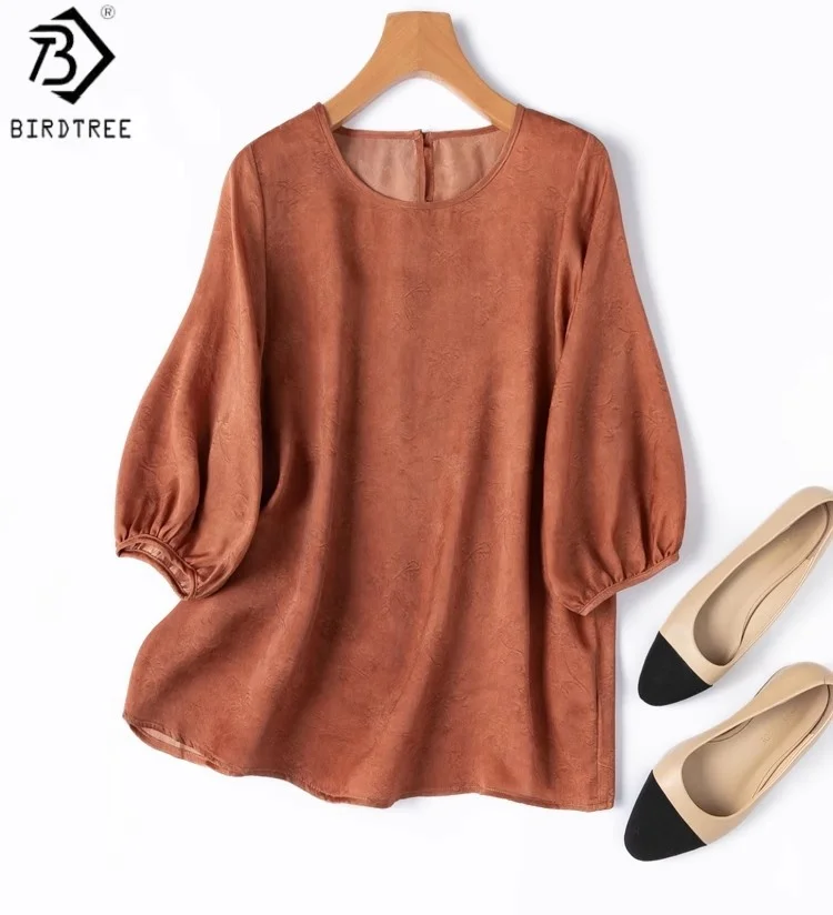 Birdtree 20MM 100% Mulberry Silk Dark Orange Shirt,Women Jacquard Plain Satin Lantern Sleeves O-neck Blouse,2025 New T58308JF 
Birdtree 20MM 100% Mulberry Silk Dark Orange Shirt,Women Jacquard Plain Satin Lantern Sleeves O-neck Blouse,2025 New T58308JF