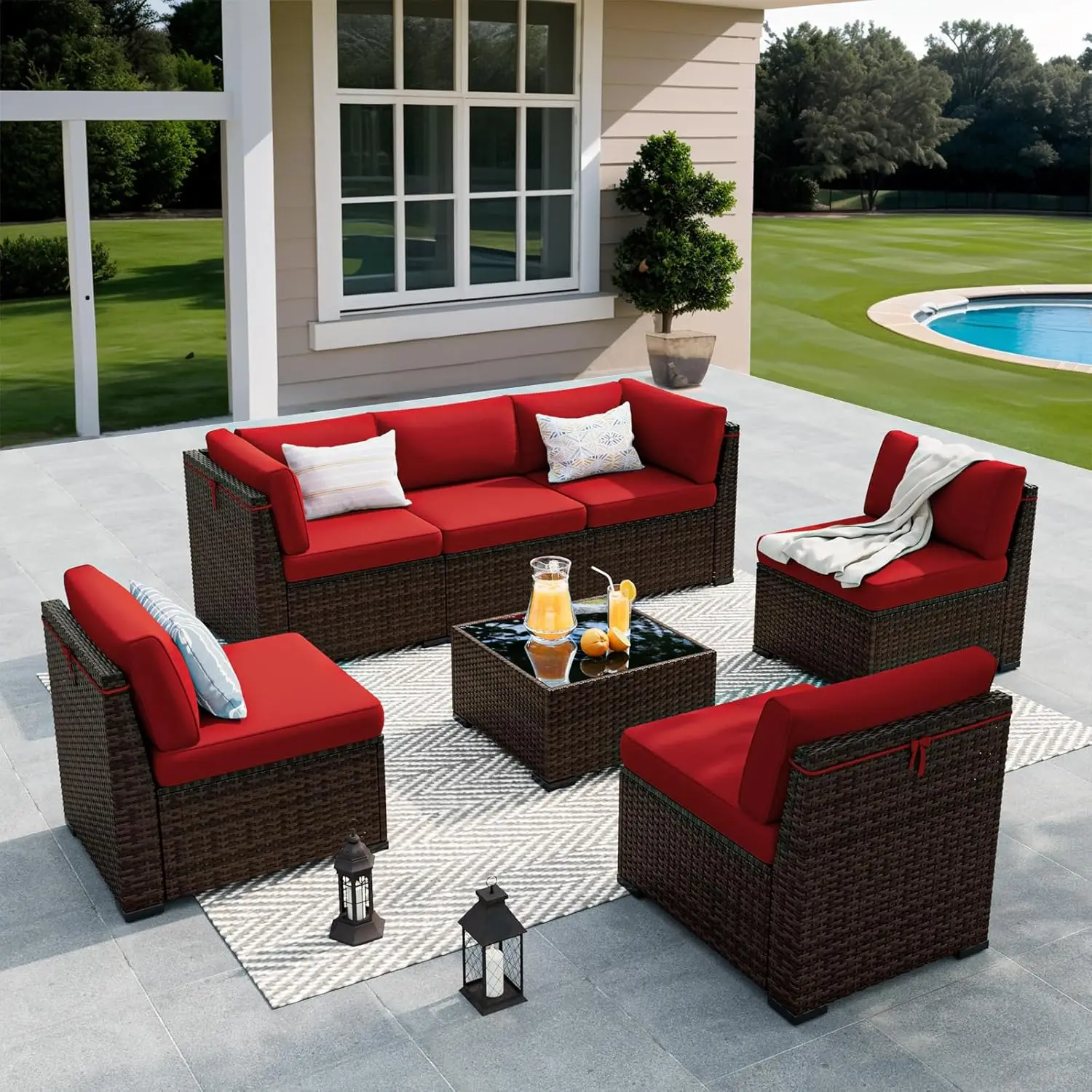 7 Pieces Outdoor Sectional Sofa Set with Waterproof Cover, PE Wicker Rattan Slanted Back Outdoor Conversation Set
7 Pieces Outdoor Sectional Sofa Set with Waterproof Cover, PE Wicker Rattan Slanted Back Outdoor Conversation Set