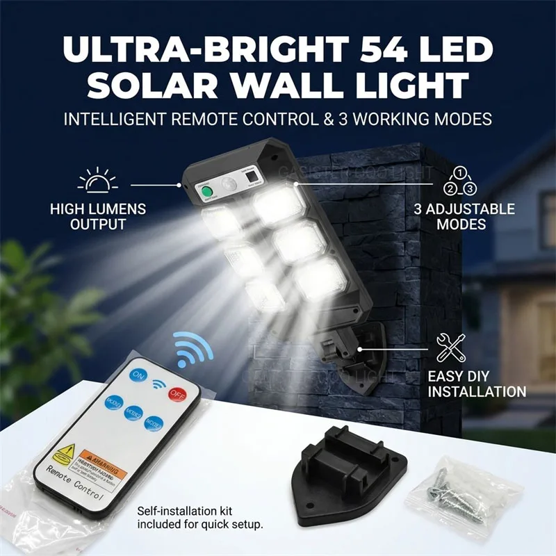 Solar Light 54LED Outdoor Solar Powered Security Lamp with Remote Control Waterproof 3 Modes PIR Motion Sensor Light for Garden
Solar Light 54LED Outdoor Solar Powered Security Lamp with Remote Control Waterproof 3 Modes PIR Motion Sensor Light for Garden