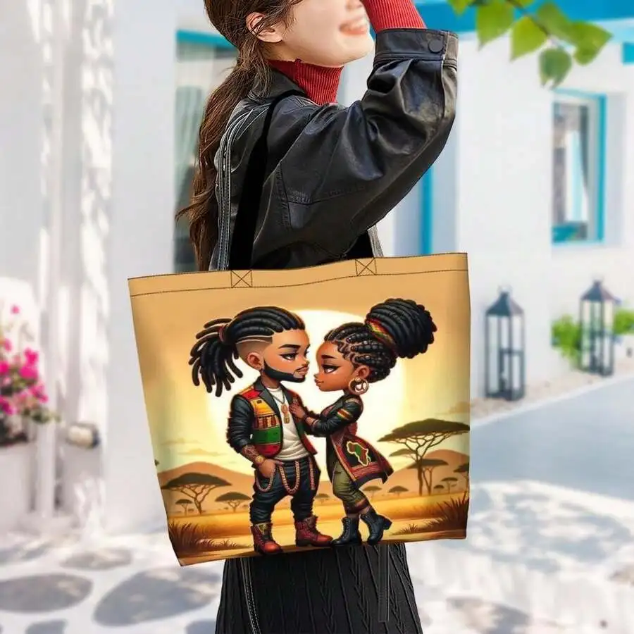 African Cartoon Couple Tote Bag With Ankara Print For Black Pride Cultural Celebration
African Cartoon Couple Tote Bag With Ankara Print For Black Pride Cultural Celebration