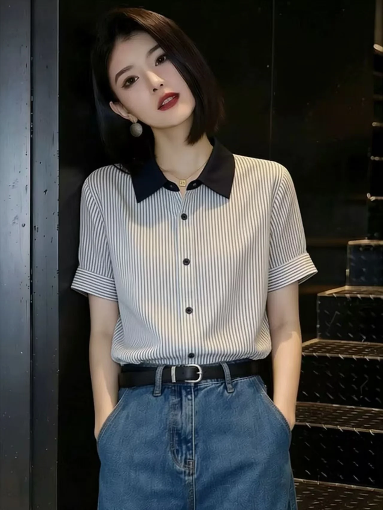 Commuter Style Short Sleeve Striped Contrast Color Shirt Women's Summer Slimming Top Loose Fit Breathable Comfortable
Commuter Style Short Sleeve Striped Contrast Color Shirt Women's Summer Slimming Top Loose Fit Breathable Comfortable