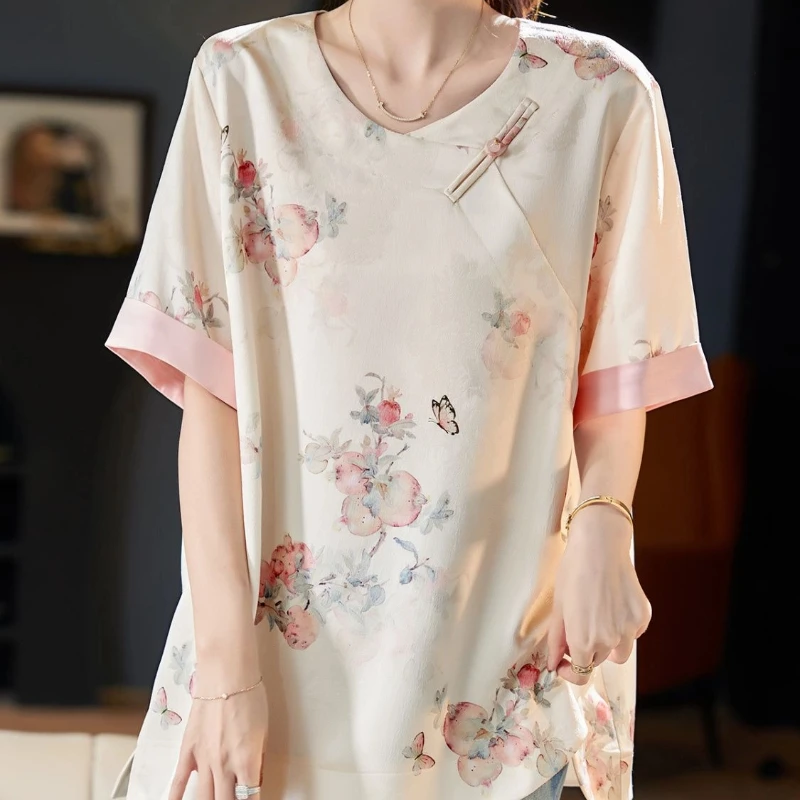 Round Collar Jacquard Short Sleeve Chiffon Shirt New Chinese Style Loose Large Size Button Women's Top
Round Collar Jacquard Short Sleeve Chiffon Shirt New Chinese Style Loose Large Size Button Women's Top