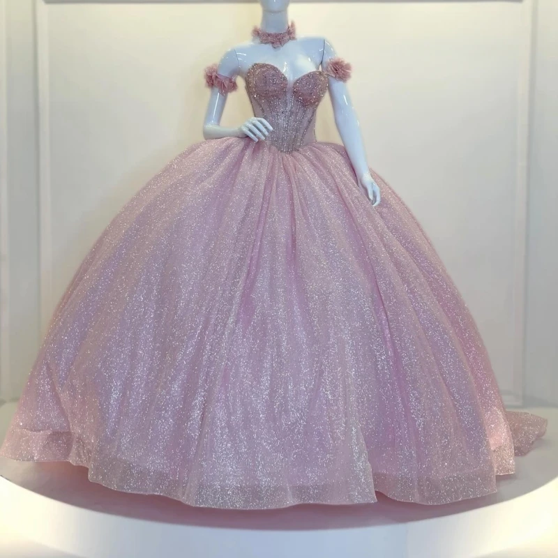 Pink Shiny Ball Gown Quinceanera Dresses Sequin Beading Crystal Tull Corset Off Shoulder Sweet 16 Dress Vestidos 15 De Anos
Pink Shiny Ball Gown Quinceanera Dresses Sequin Beading Crystal Tull Corset Off Shoulder Sweet 16 Dress Vestidos 15 De Anos