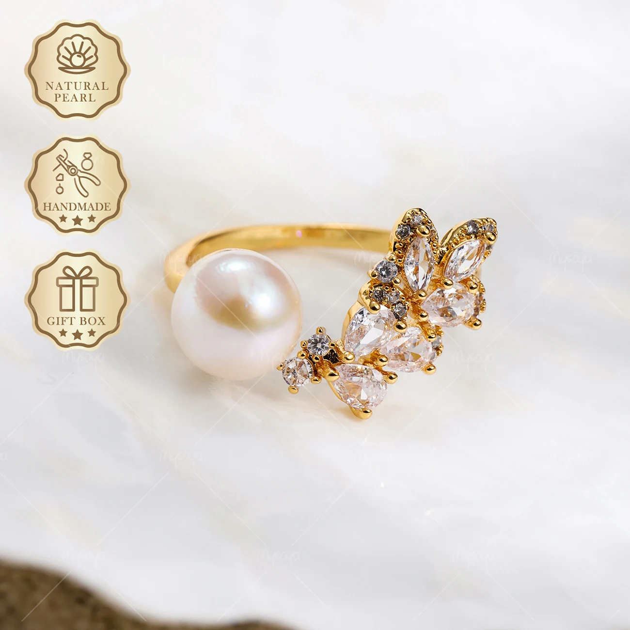 MYSOYA 8-9mm Freshwater Pearl Open Ring Gold Leaf CZ Ring, Gift Box, Birthday Jewelry S423
MYSOYA 8-9mm Freshwater Pearl Open Ring Gold Leaf CZ Ring, Gift Box, Birthday Jewelry S423