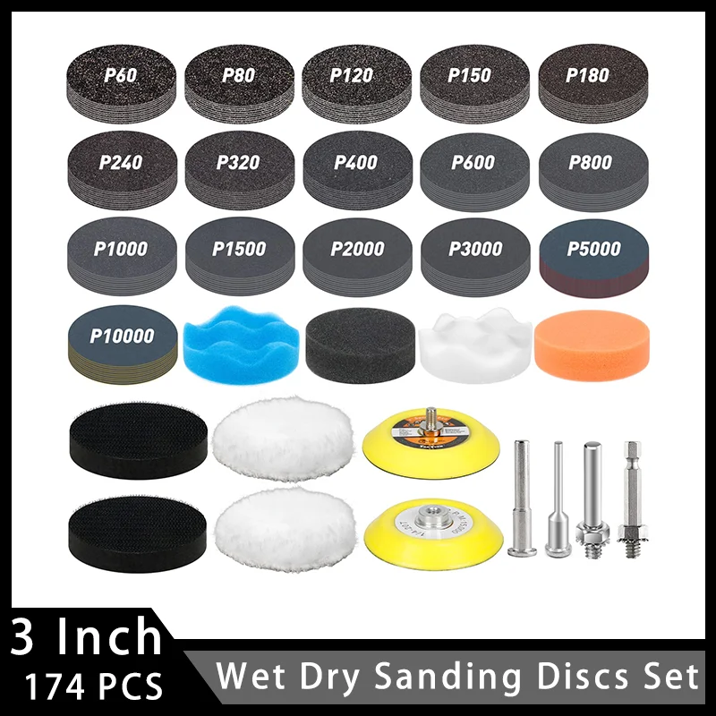 3 Inch Wet Dry Sanding Discs 174 Pcs Assorted 60-10000 Girt Hook and Loop Sandpaper for Wood Resin Mirror Glass Car Polishing
3 Inch Wet Dry Sanding Discs 174 Pcs Assorted 60-10000 Girt Hook and Loop Sandpaper for Wood Resin Mirror Glass Car Polishing