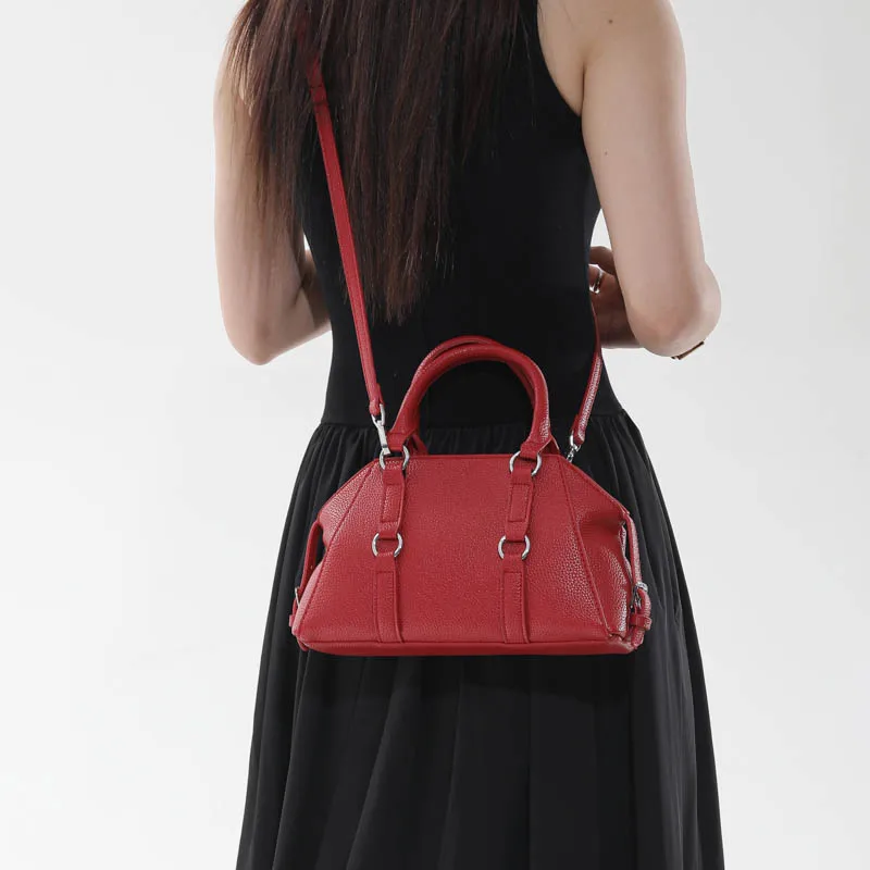 Black Pebbled Leather Boston Handbag, Metal Ring Decor Crossbody Shoulder Bag for Women Daily Work
Black Pebbled Leather Boston Handbag, Metal Ring Decor Crossbody Shoulder Bag for Women Daily Work