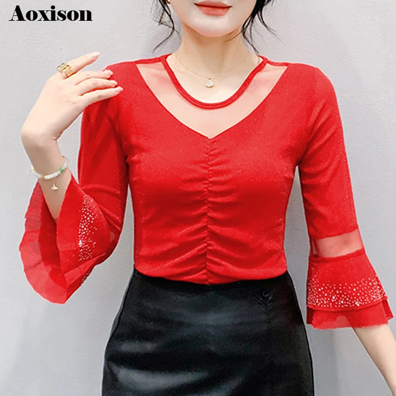 Flare Sleeve Diamond Tops 2025 Spring Summer Women T Shirt Bright Silk Slim Casual Lady Shirt
Flare Sleeve Diamond Tops 2025 Spring Summer Women T Shirt Bright Silk Slim Casual Lady Shirt