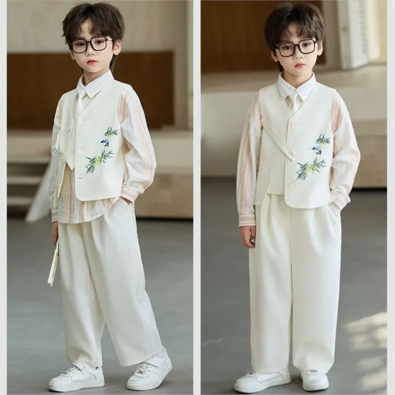 Boys' Spring/Autumn New Chinese Vest Tie Pants 3-Piece Set Children's Vest Shirt Pants Tie 4-piece Set Kids' Clothing Set LJ705
Boys' Spring/Autumn New Chinese Vest Tie Pants 3-Piece Set Children's Vest Shirt Pants Tie 4-piece Set Kids' Clothing Set LJ705