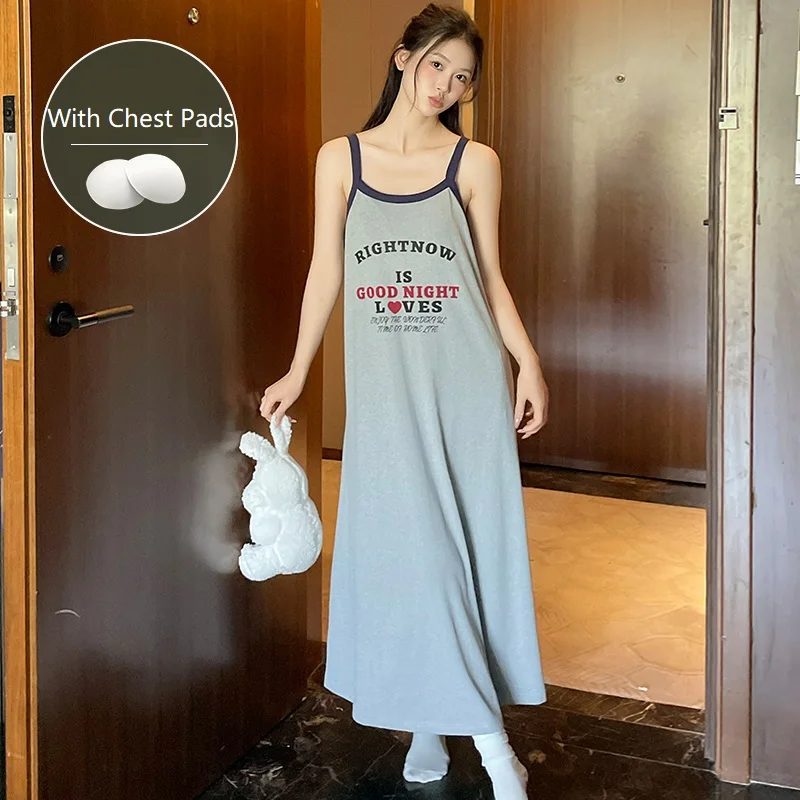 Summer long dress sexy spaghetti strap women nightgown with chest pads casual tracksuit pijamas letter print skirt dressing gown
Summer long dress sexy spaghetti strap women nightgown with chest pads casual tracksuit pijamas letter print skirt dressing gown