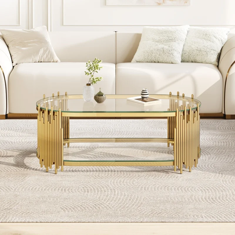 Luxury Gold Oval Coffee Table with Two-Tier Glass Shelves, Stainless Steel Frame, Artistic Organ Pipe Design, 47" x 23.6" x 17.7
Luxury Gold Oval Coffee Table with Two-Tier Glass Shelves, Stainless Steel Frame, Artistic Organ Pipe Design, 47" x 23.6" x 17.7