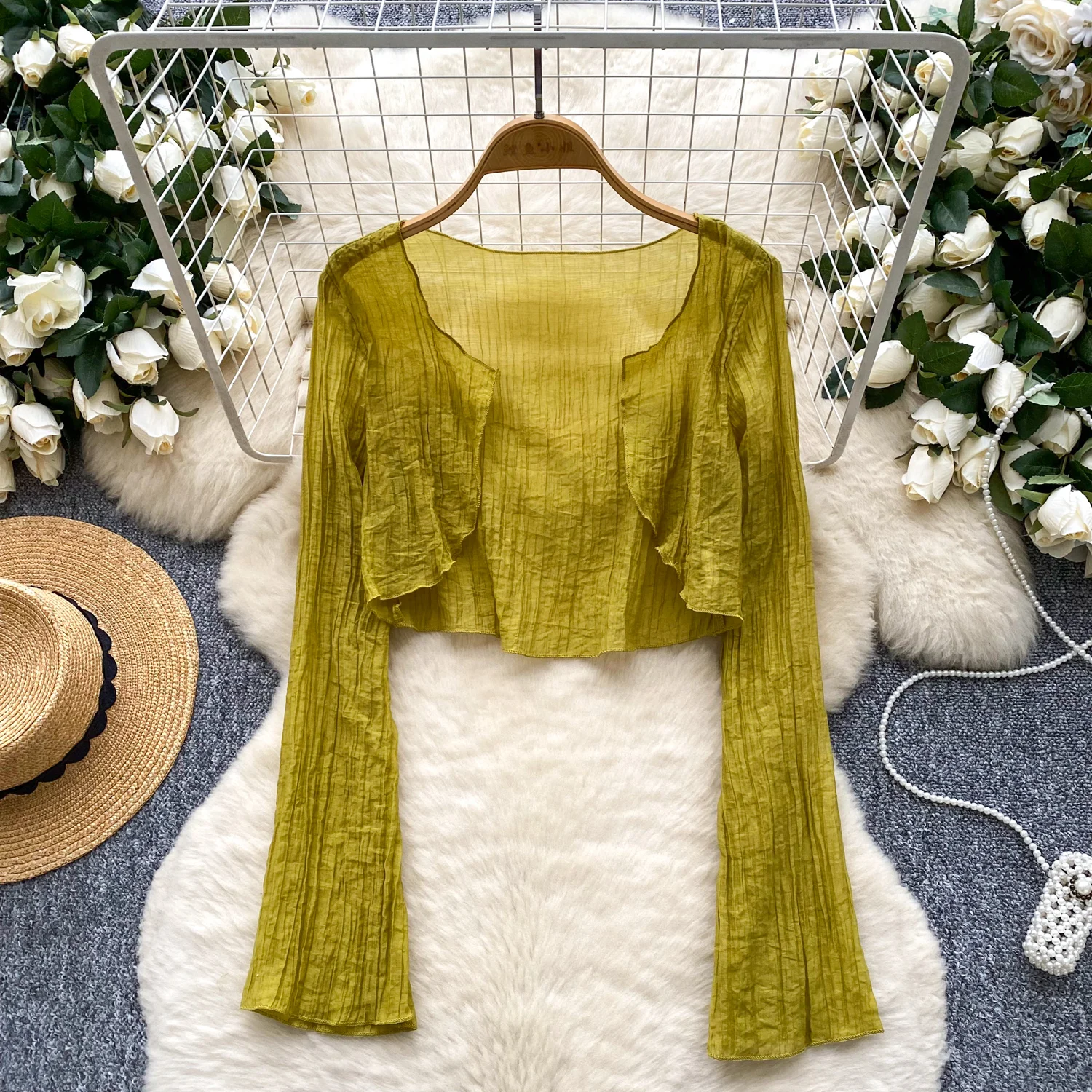 Summer Autumn Elegant Cardigan for Women Long Sleeve Pleated Folds Flared Boho Women's Tops Open Stitch Chic Beach Vacation 
Summer Autumn Elegant Cardigan for Women Long Sleeve Pleated Folds Flared Boho Women's Tops Open Stitch Chic Beach Vacation