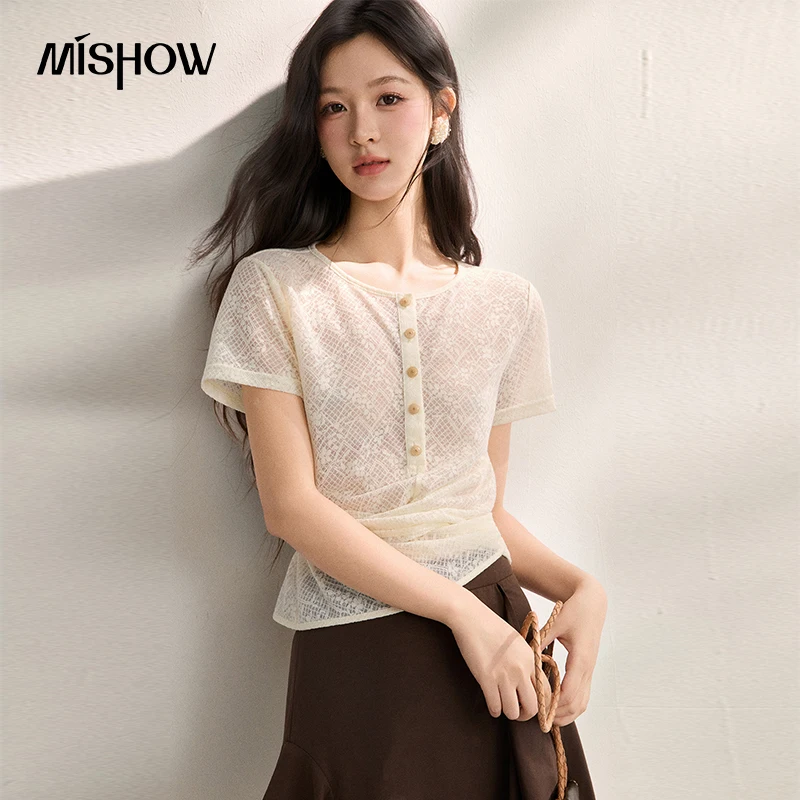 MISHOW Women Lace Button Front T-shirt Wrap Ruched Waist Tie Back Dual Hem Short Sleeve Top French Casual Summer Tees MXF22Z3074
MISHOW Women Lace Button Front T-shirt Wrap Ruched Waist Tie Back Dual Hem Short Sleeve Top French Casual Summer Tees MXF22Z3074
