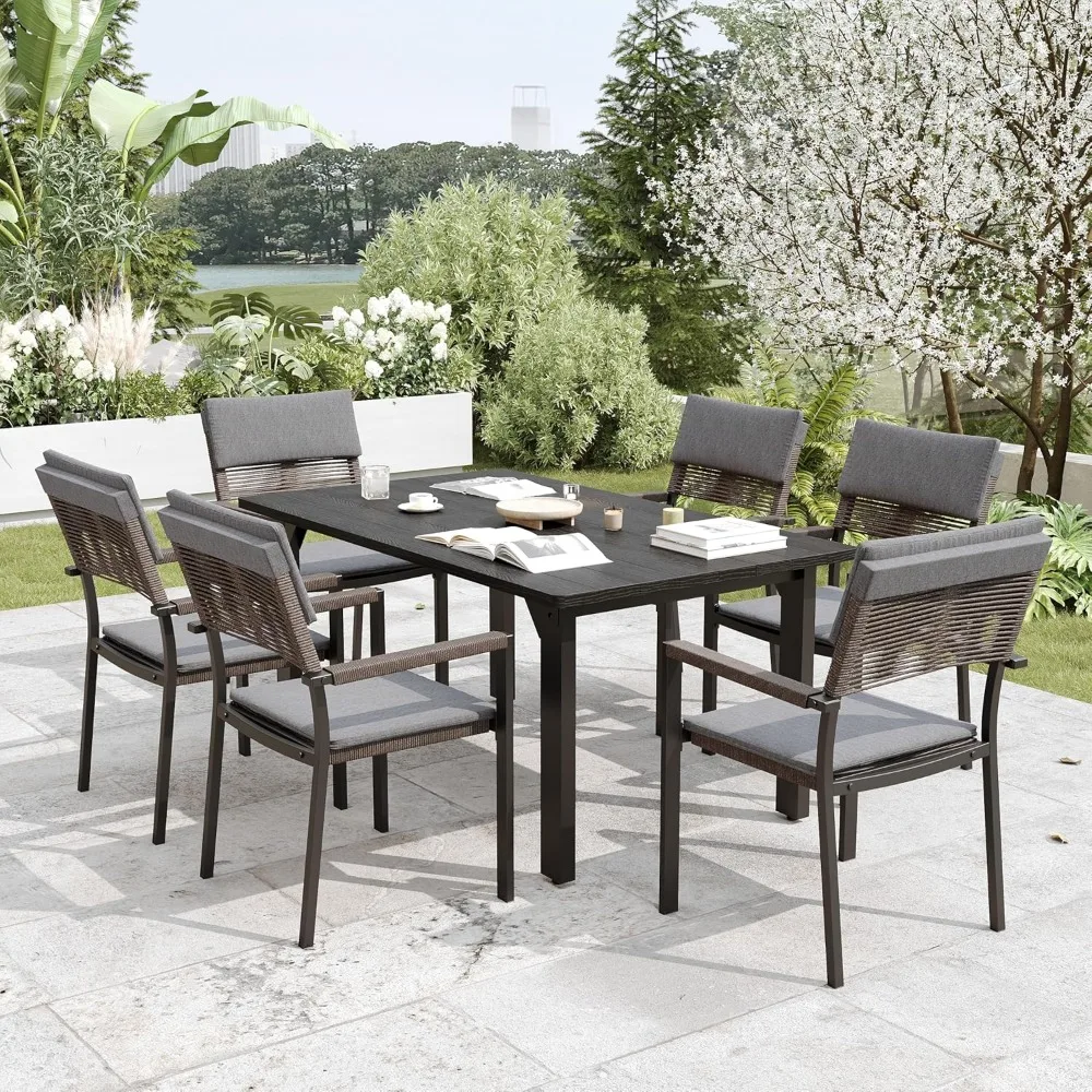 Metal Dining Set for 6, 6-Piece Patio Dining Table and Stackable Rattan Chairs Set with Headrests and Cushions
Metal Dining Set for 6, 6-Piece Patio Dining Table and Stackable Rattan Chairs Set with Headrests and Cushions