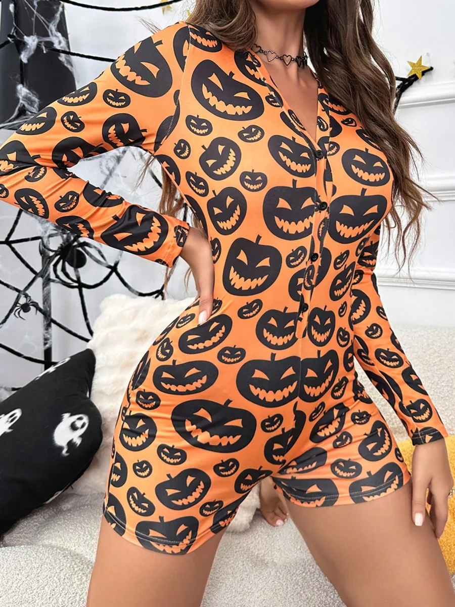 Halloween Pumpkin Print Rompers Pajama Long Sleeve Lounge Female Buttons Jumpsuits Shorts Soft Sleepwear for Nightwear
Halloween Pumpkin Print Rompers Pajama Long Sleeve Lounge Female Buttons Jumpsuits Shorts Soft Sleepwear for Nightwear