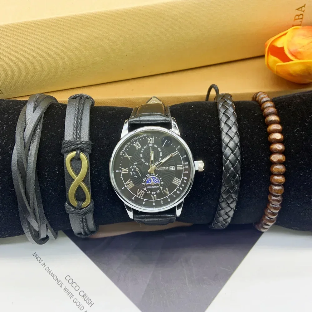 5PCS Set Simple and Stylish Multi-functional Calendar Belt Quartz Watch for Man Outdoor Sports Include Bracelet Box
5PCS Set Simple and Stylish Multi-functional Calendar Belt Quartz Watch for Man Outdoor Sports Include Bracelet Box