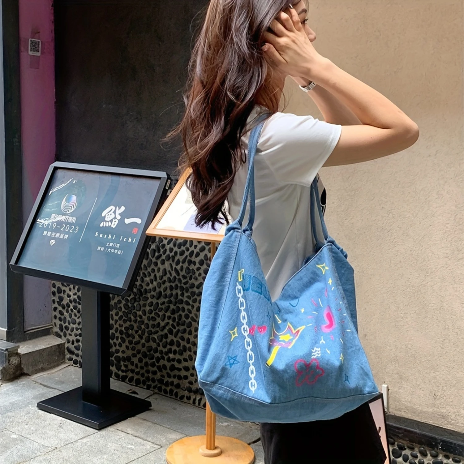 Capacity Denim Tote Bag With Graffiti Design, Kawaii Style Elegant Shoulder Bag For Women
Capacity Denim Tote Bag With Graffiti Design, Kawaii Style Elegant Shoulder Bag For Women