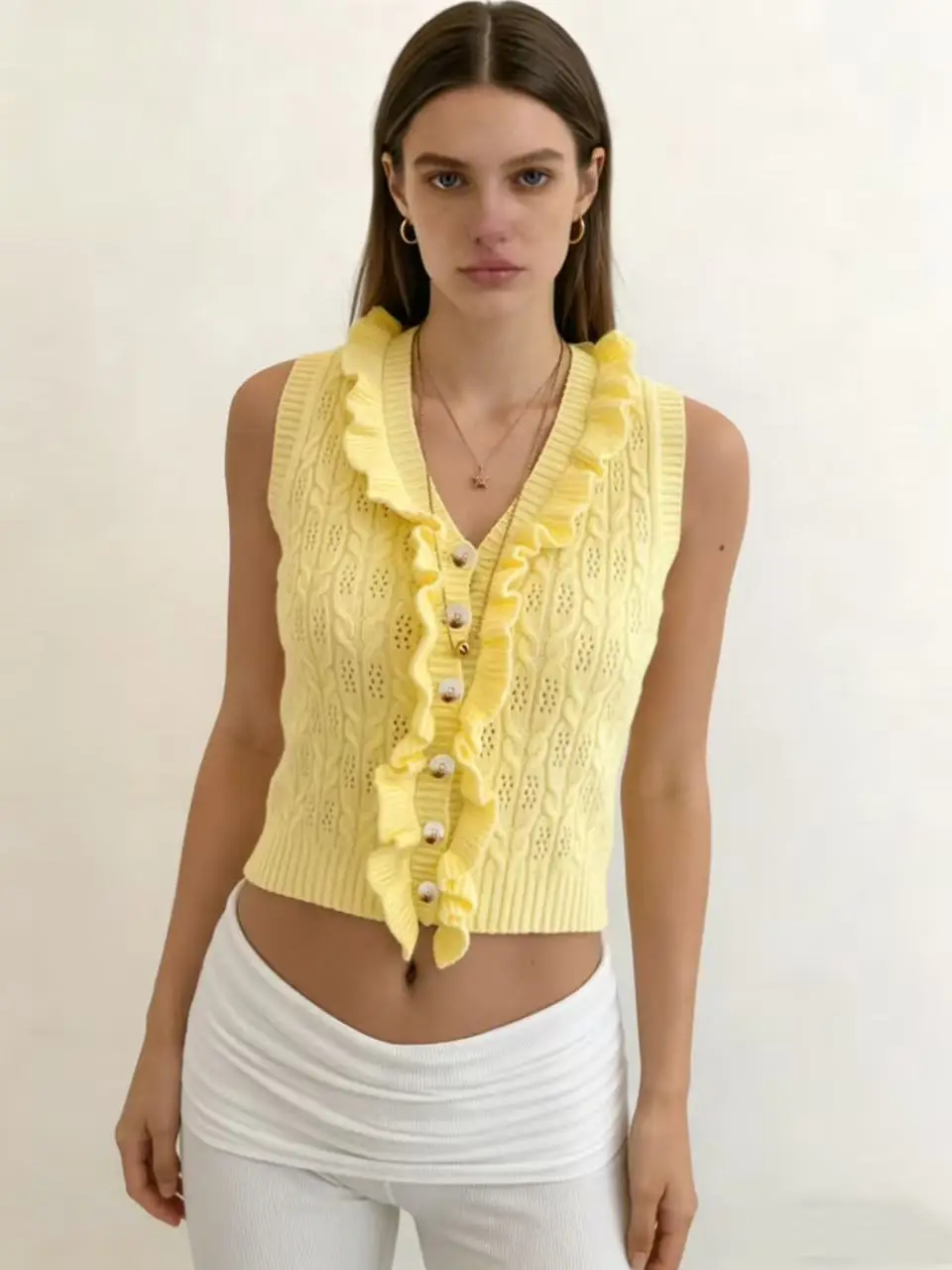 Women's Summer V-Neck Ruffled Cable Knit Vest Sweet Button Front Hollow Out Cropped Sleeveless Cardigan Top
Women's Summer V-Neck Ruffled Cable Knit Vest Sweet Button Front Hollow Out Cropped Sleeveless Cardigan Top