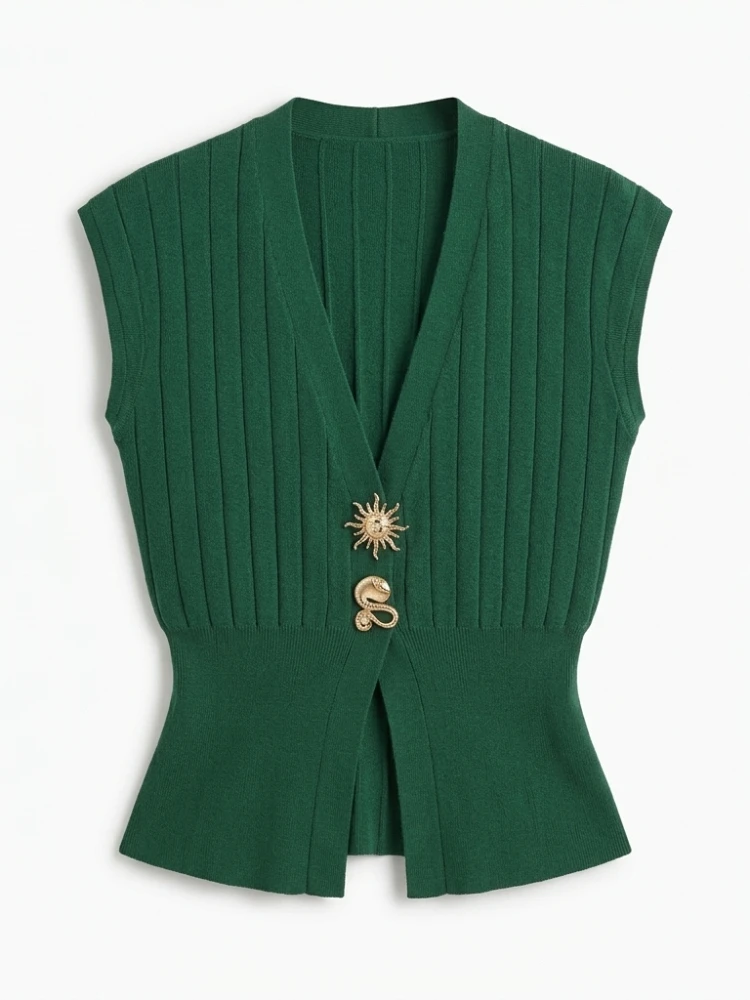 Bonboho 2026 Women's Elegant Knit Vest Dark Green Ribbed V-Neck Sleeveless Metal Buckle Top for Holiday & Office Outfits
Bonboho 2026 Women's Elegant Knit Vest Dark Green Ribbed V-Neck Sleeveless Metal Buckle Top for Holiday & Office Outfits