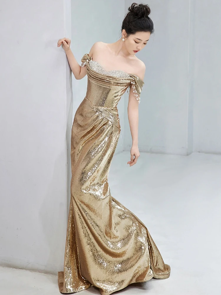 Gold Sequin Par Dr Heavy Embelliment Evening One oulder Women's Fi Tail Drinking Costume Korean Sle Long Dr
Gold Sequin Par Dr Heavy Embelliment Evening One oulder Women's Fi Tail Drinking Costume Korean Sle Long Dr