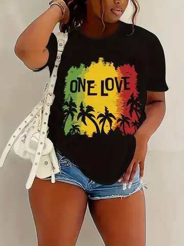 One Love Rasta Palm Tree Women's Tee - Reggae Graphic, Casual Black Top