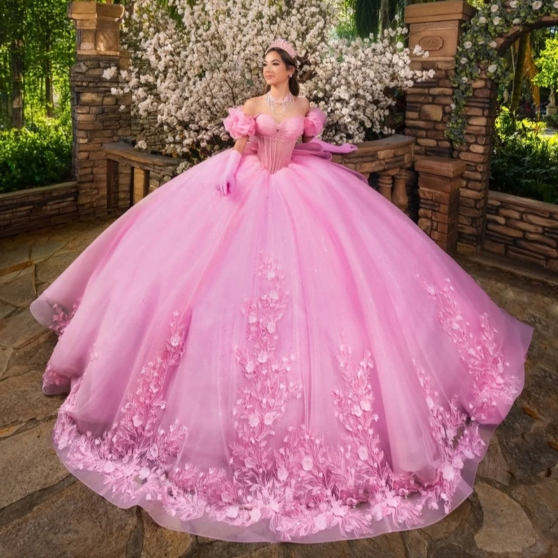 Pink Shiny Ball Gown Quinceanera Dresses Applique Flower Beading Crystal Bow Tull Corset Off The Shoulder Sweet 16 Dress vestido
Pink Shiny Ball Gown Quinceanera Dresses Applique Flower Beading Crystal Bow Tull Corset Off The Shoulder Sweet 16 Dress vestido