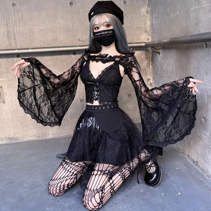 Goth Fashion Women Dark Rock Style Overlay Blouse Female Subcultural Minorities Flare Sleeve Lace Shirt Sexy Black Top Female
Goth Fashion Women Dark Rock Style Overlay Blouse Female Subcultural Minorities Flare Sleeve Lace Shirt Sexy Black Top Female