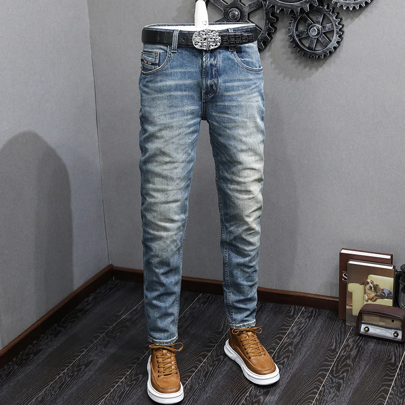 Джинсы мужские стрейчевые, Модные Синие рваные джинсы Slim Fit в ретро стиле, винтажные брюки из денима, дизайнерские
Джинсы мужские стрейчевые, Модные Синие рваные джинсы Slim Fit в ретро стиле, винтажные брюки из денима, дизайнерские