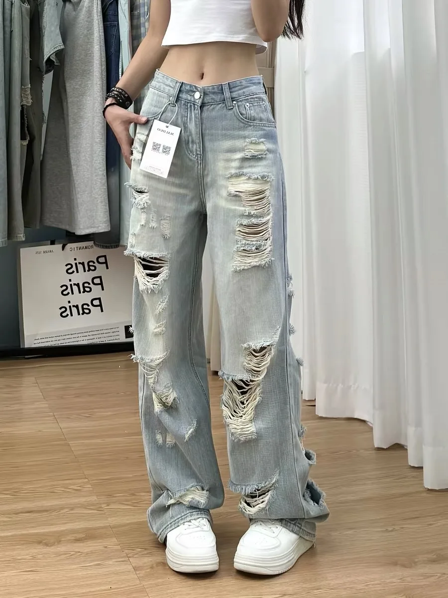 American Style Vintage Faded Hole Denim Jeans Women Summer High Waist Slim Straight Wide Leg Pants Sexy Girl Floor Length Pants
American Style Vintage Faded Hole Denim Jeans Women Summer High Waist Slim Straight Wide Leg Pants Sexy Girl Floor Length Pants