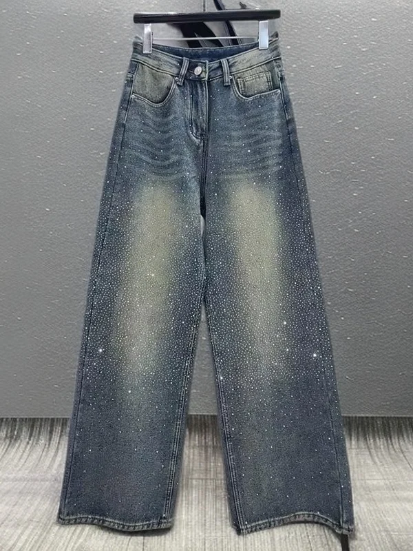 Spring High Waist Glitter Diamond Jeans Loose Wide Leg Pants Women's Casual Fashion Denim Trousers Slimming Effect
Spring High Waist Glitter Diamond Jeans Loose Wide Leg Pants Women's Casual Fashion Denim Trousers Slimming Effect