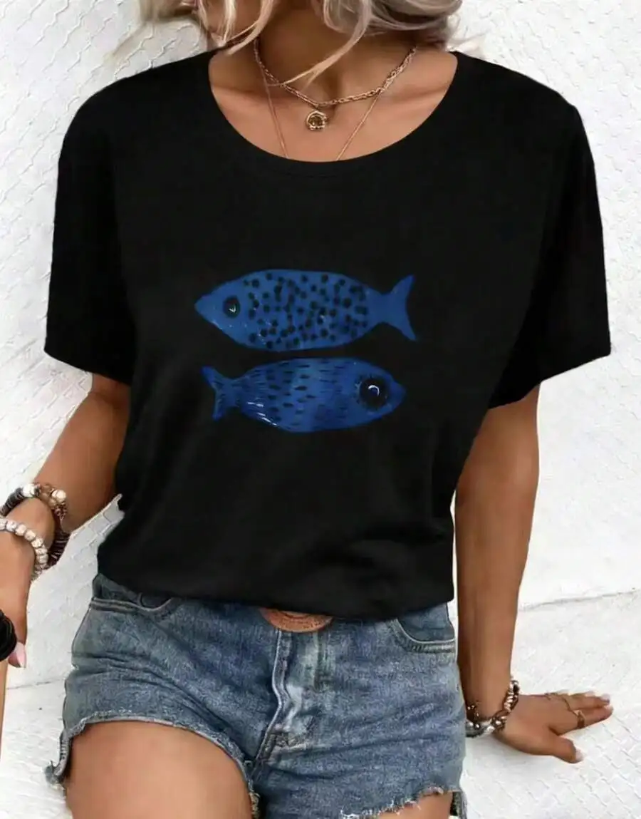 Black Crew Neck T-Shirt With Blue Fish Print Casual Summer Top For Women
Black Crew Neck T-Shirt With Blue Fish Print Casual Summer Top For Women