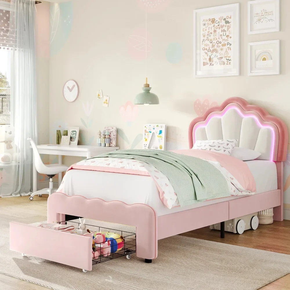 Twin Size LED Bed Frame with Drawer, Modern Velvet Upholstered Platform Bed with Adjustable Petal Headboard for Kid, Pink
Twin Size LED Bed Frame with Drawer, Modern Velvet Upholstered Platform Bed with Adjustable Petal Headboard for Kid, Pink