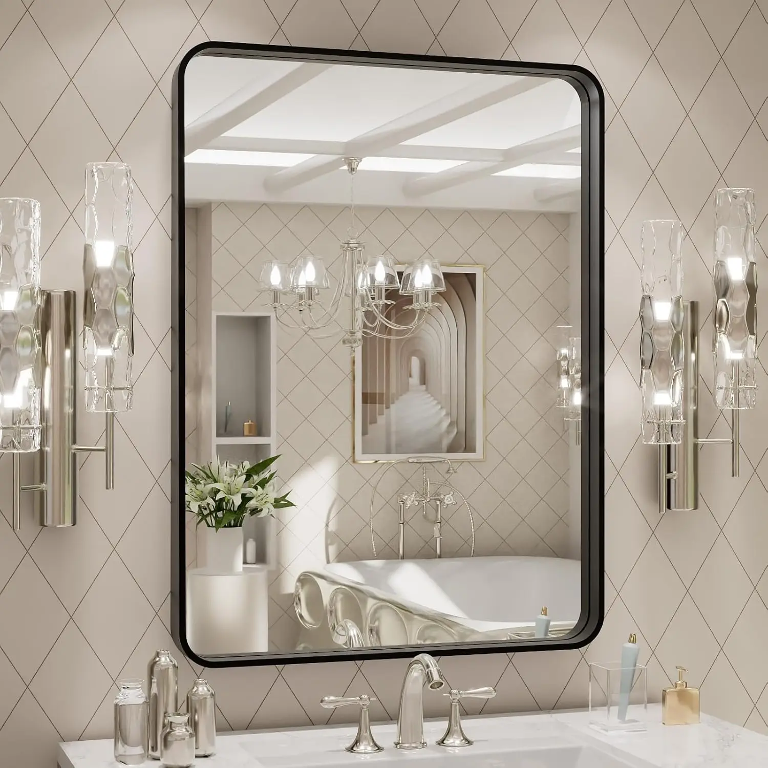 24x32 Inch Matte Black Metal Framed Bathroom Mirror, Large Rounded Rectangle Design, Anti-Rust, Hangs Horizontally or Vertically
24x32 Inch Matte Black Metal Framed Bathroom Mirror, Large Rounded Rectangle Design, Anti-Rust, Hangs Horizontally or Vertically