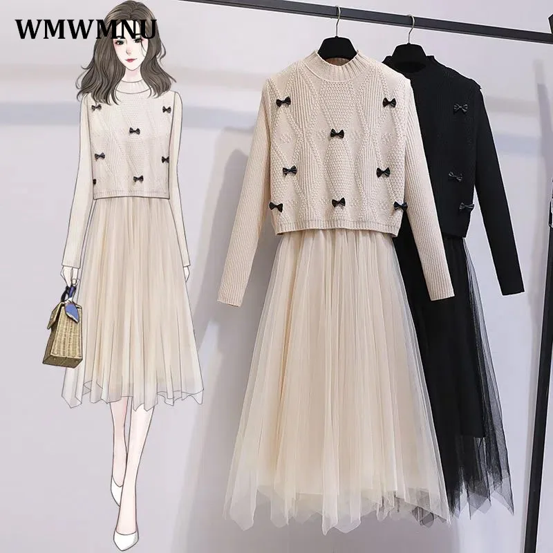 Korean Knitted Dress 2 Piece Sets Knitwears Bow Vest + Mesh Midi Dresses Conjuntos Spring Fall Elegant Women Vestido Outfits
Korean Knitted Dress 2 Piece Sets Knitwears Bow Vest + Mesh Midi Dresses Conjuntos Spring Fall Elegant Women Vestido Outfits