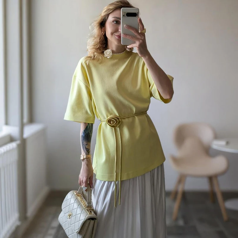 Tornova Loose Short Sleeve T shirt With Belt Women's O Neck Mid-length Top Casual Pullover Chic Club Party T shirt 2025 New Lady
Tornova Loose Short Sleeve T shirt With Belt Women's O Neck Mid-length Top Casual Pullover Chic Club Party T shirt 2025 New Lady