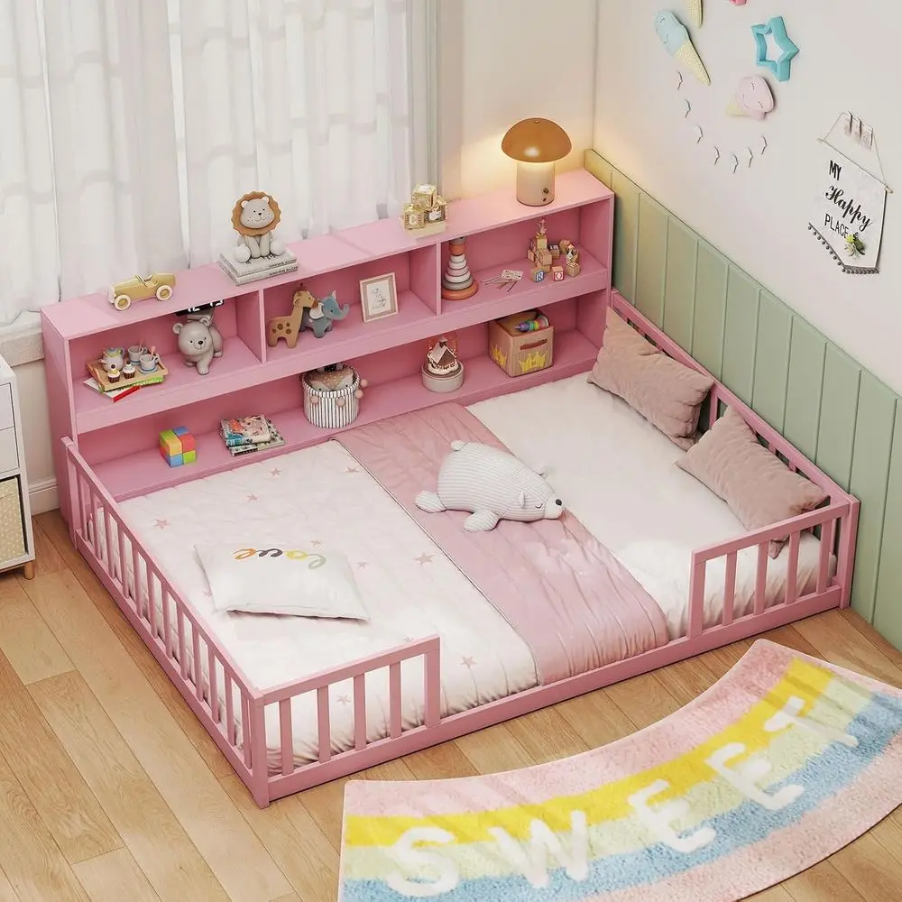 Wooden Loft Bed with Bookcase, Storage Shelves & Safety Rails for Kids, No Box Spring Needed, Pink
Wooden Loft Bed with Bookcase, Storage Shelves & Safety Rails for Kids, No Box Spring Needed, Pink