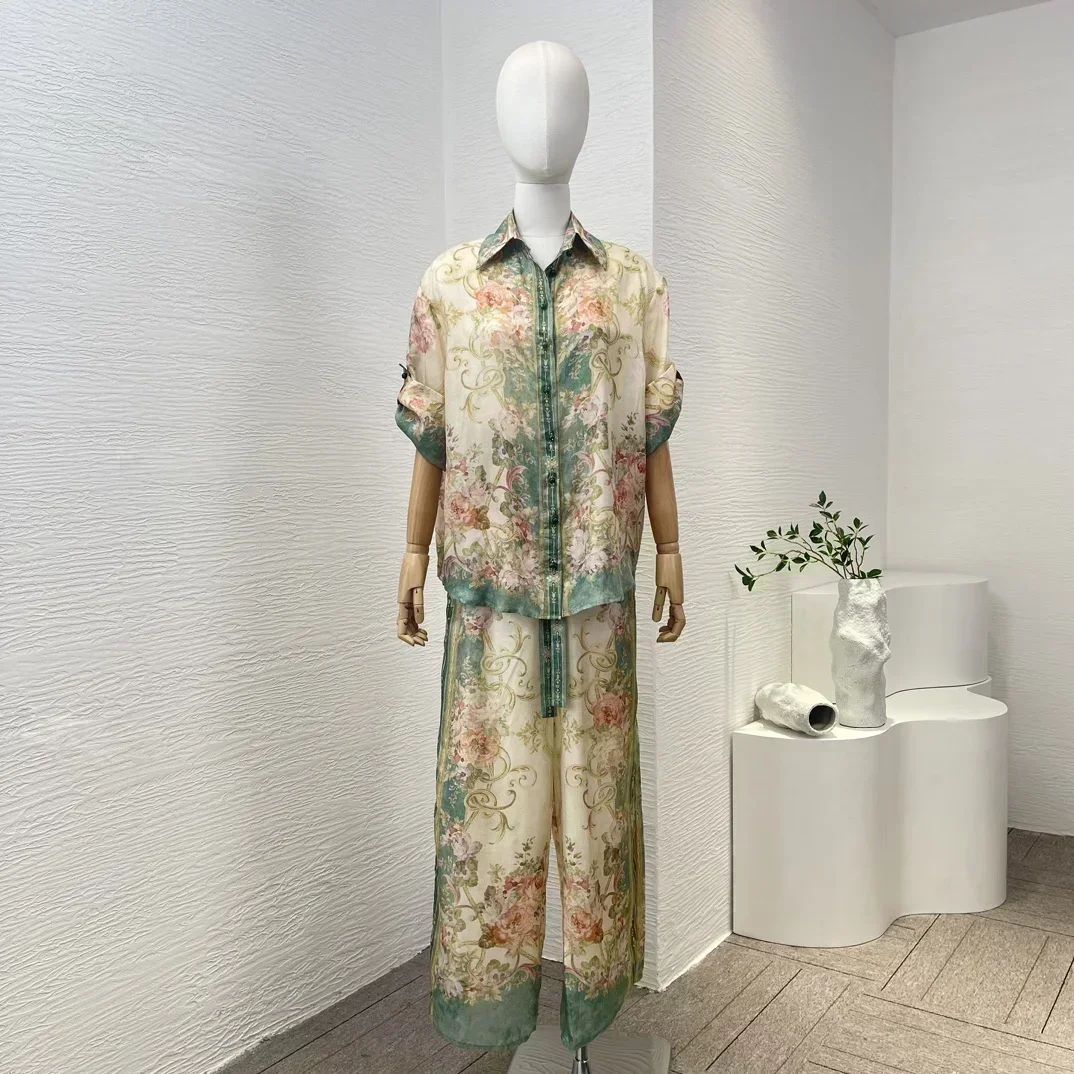 2023 New Silk Top Quality Green Vintage Floral Print Loose Blouse and Drawstring Self Tie Elastic Waist Pants Women Casual Set
2023 New Silk Top Quality Green Vintage Floral Print Loose Blouse and Drawstring Self Tie Elastic Waist Pants Women Casual Set